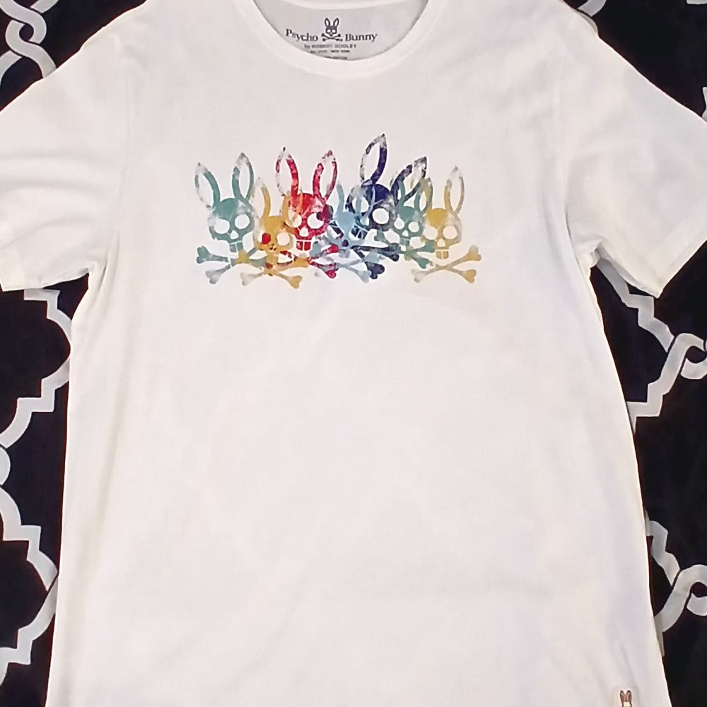 Men's Psycho Bunny Short Sleeve Tee - White with Multicolor Bunny Design